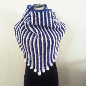 White and Sparkly Royal Blue Shawl Handmade Crochet Medium